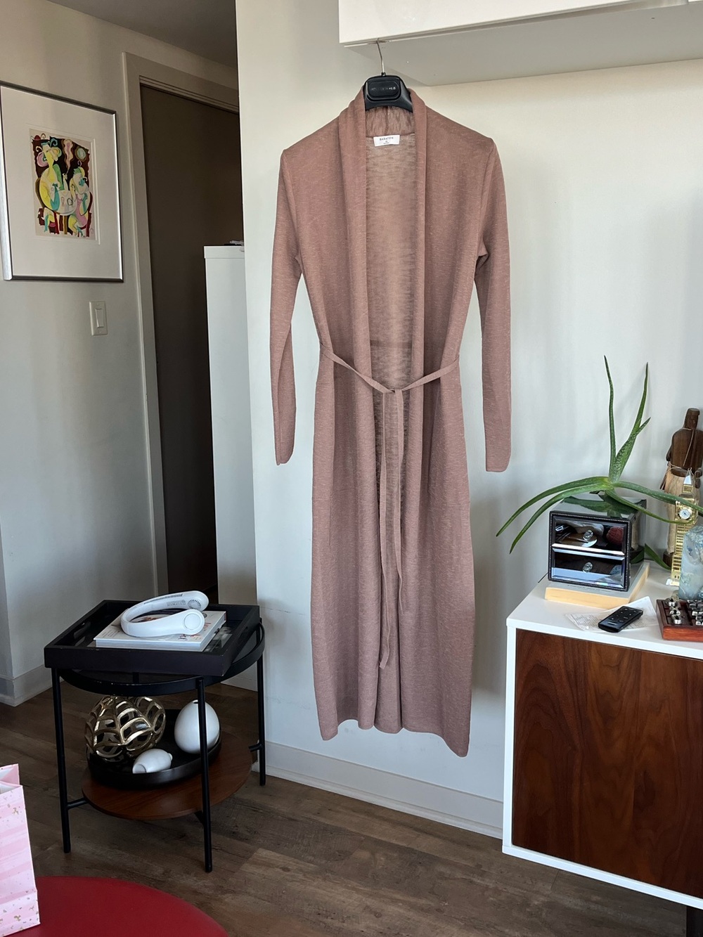 Aritzia Long Open-Front Duster Cardigan in Dusty Rose